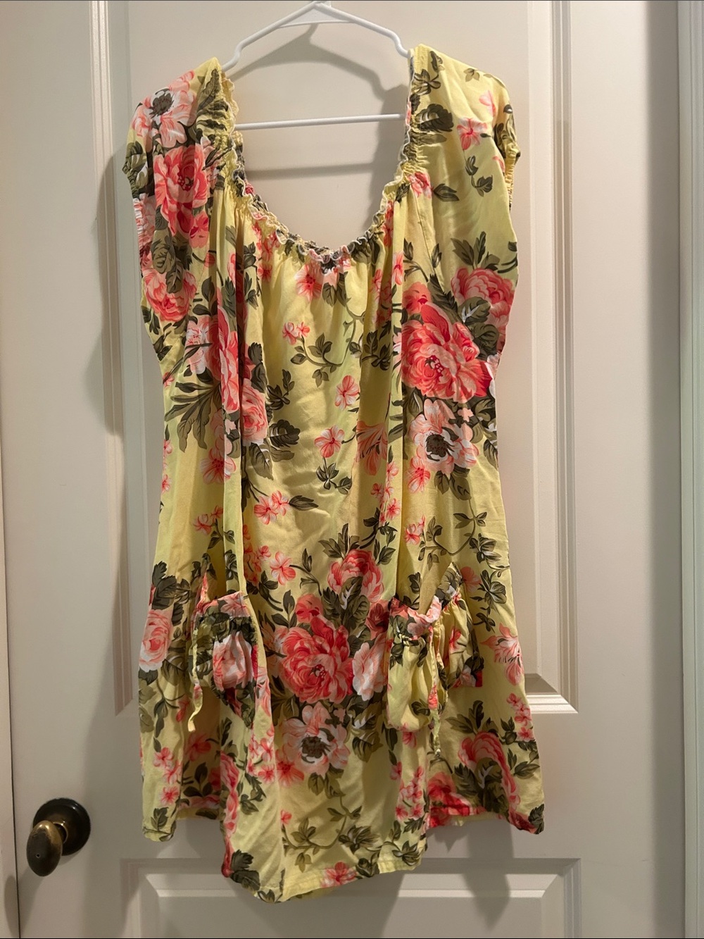 Island Planet Ruffle Neckline Peasant Mini Dress cap elastic sleeves pockets OS